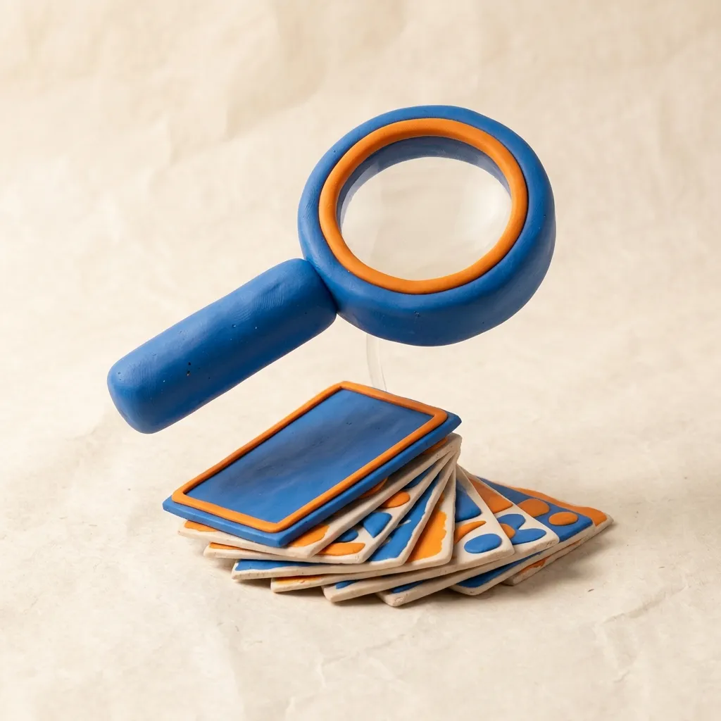 A clay magnifying glass hovering over a small stack of clay ad cards