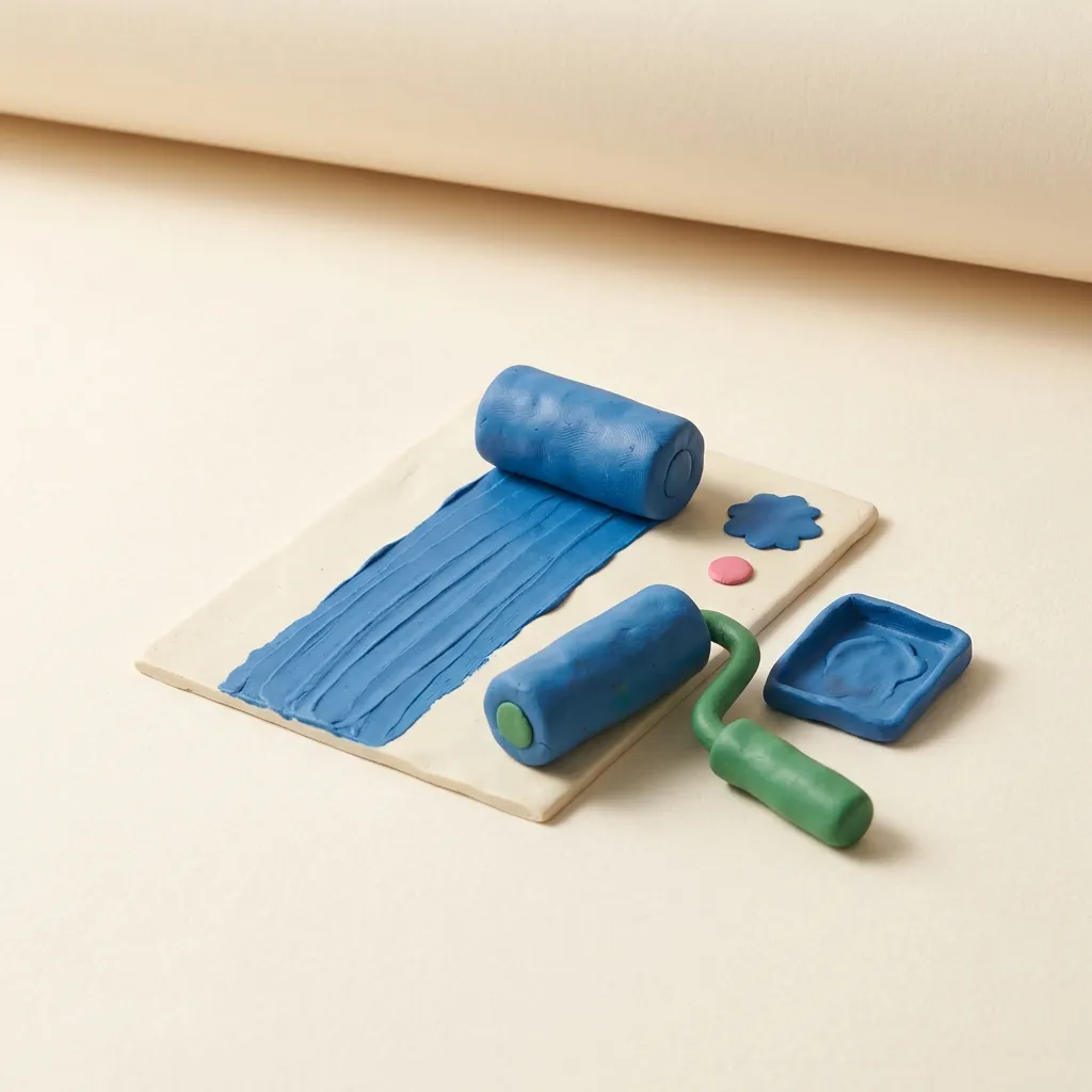 A clay paint roller laying a brand-colored stripe across a plain clay ad card
