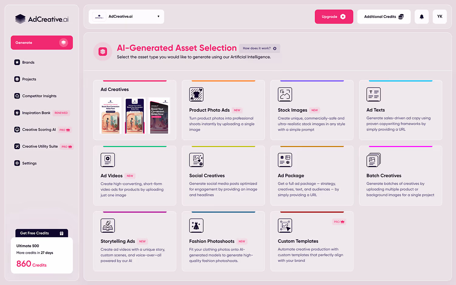 AdCreative.ai dashboard with batch-generated ad creatives