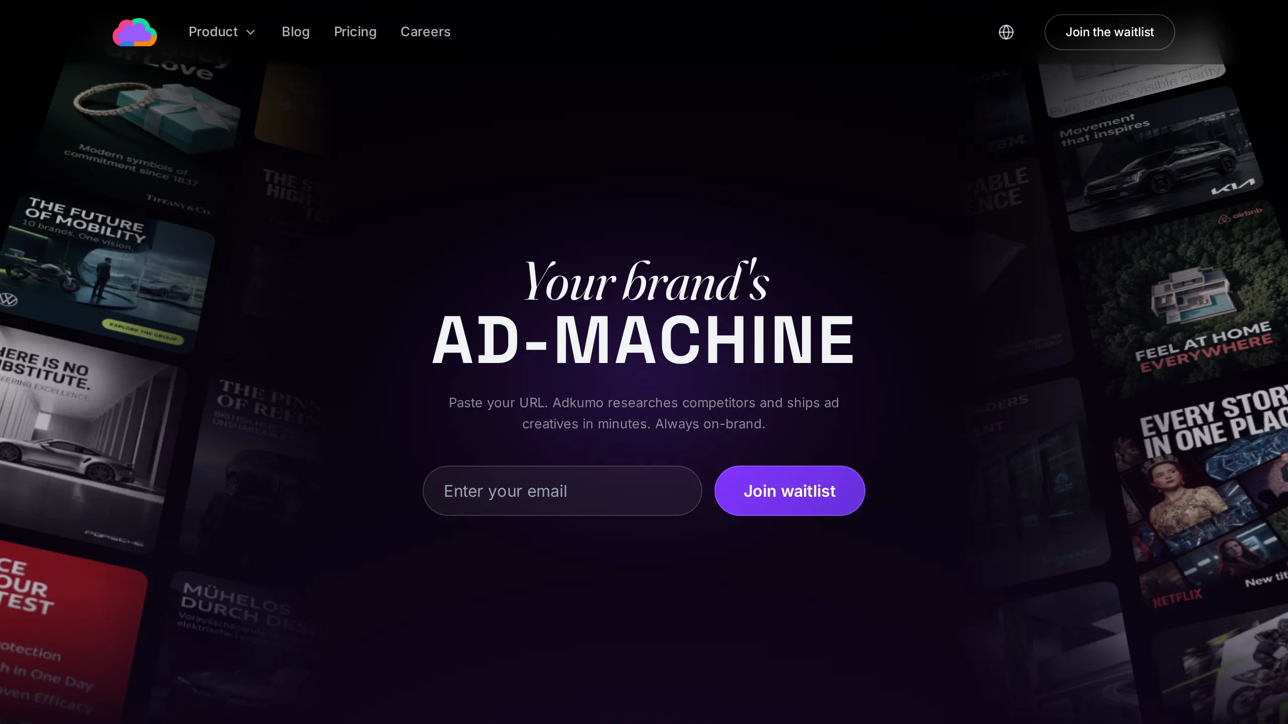 Adkumo homepage hero reading Your brand's ad-machine