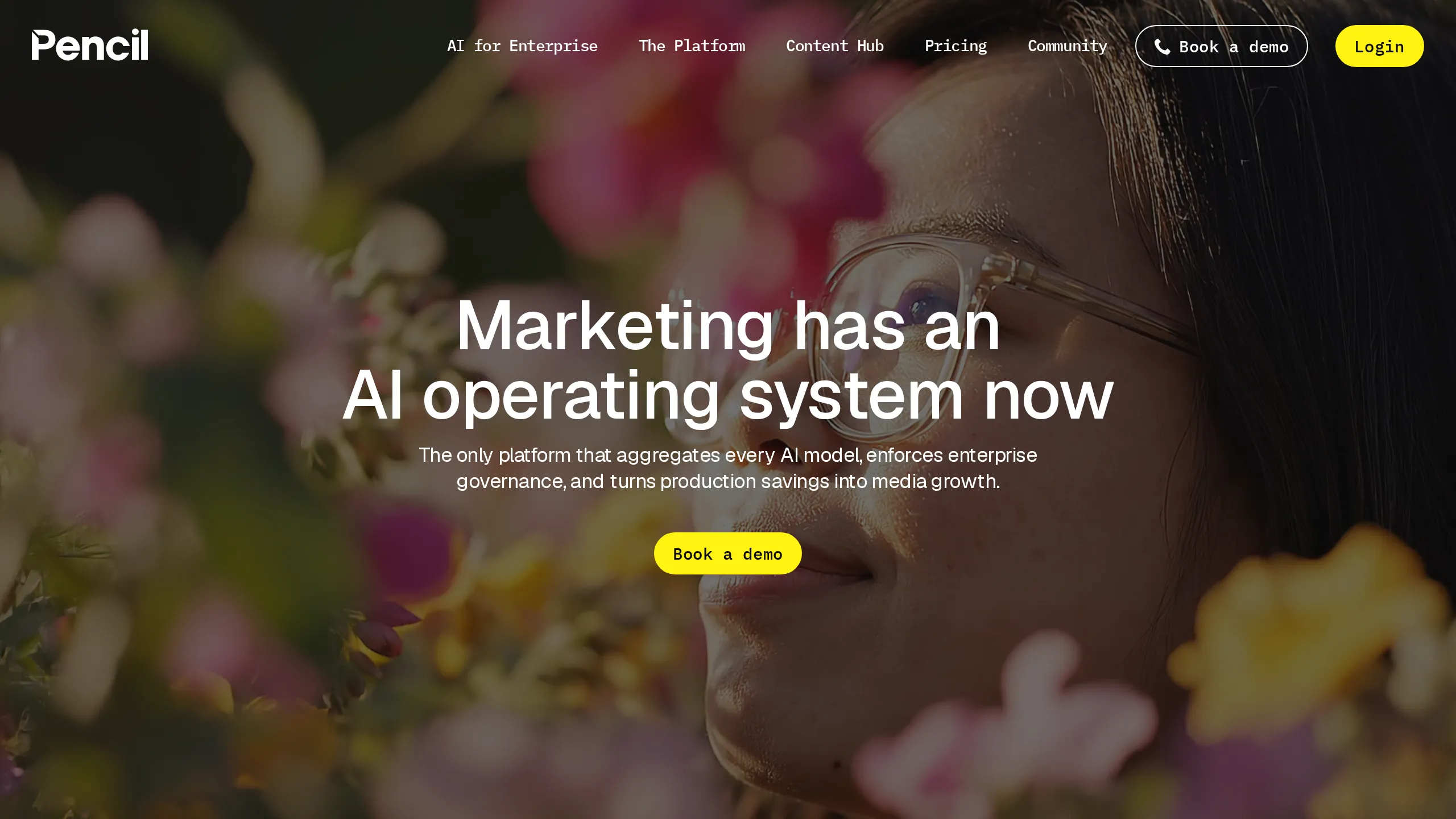 Pencil homepage hero reading Marketing has an AI operating system now