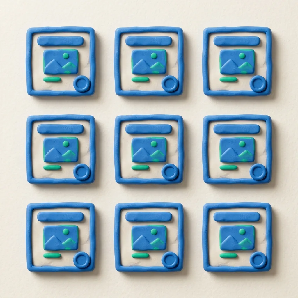 A grid of nine small clay ad squares, all sharing the same blue frame, layout, and rhythm so they read as one recognizable family