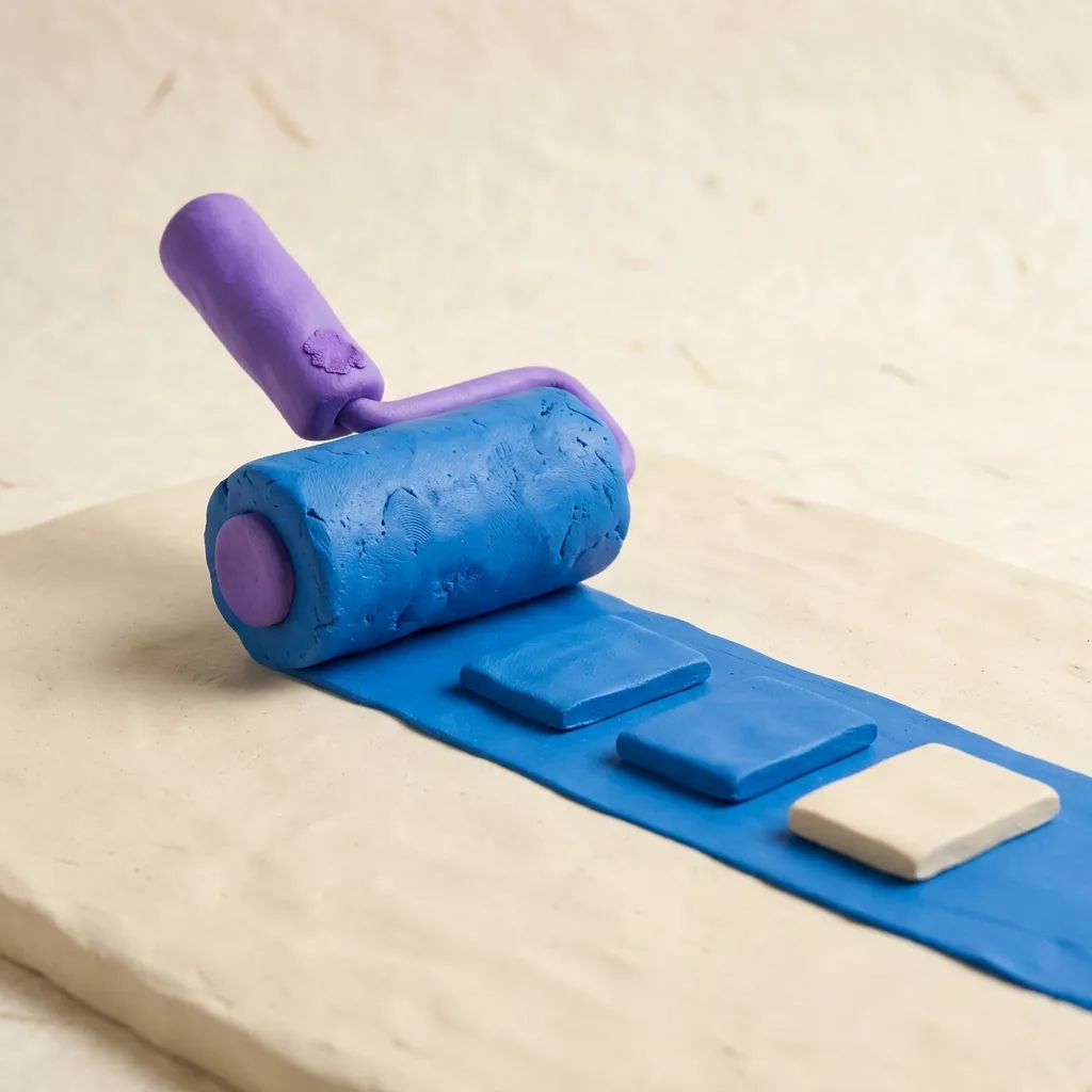 A clay paint-roller leaving a single clean blue stripe across a cream surface, with small clay ad tiles already coated in the same blue