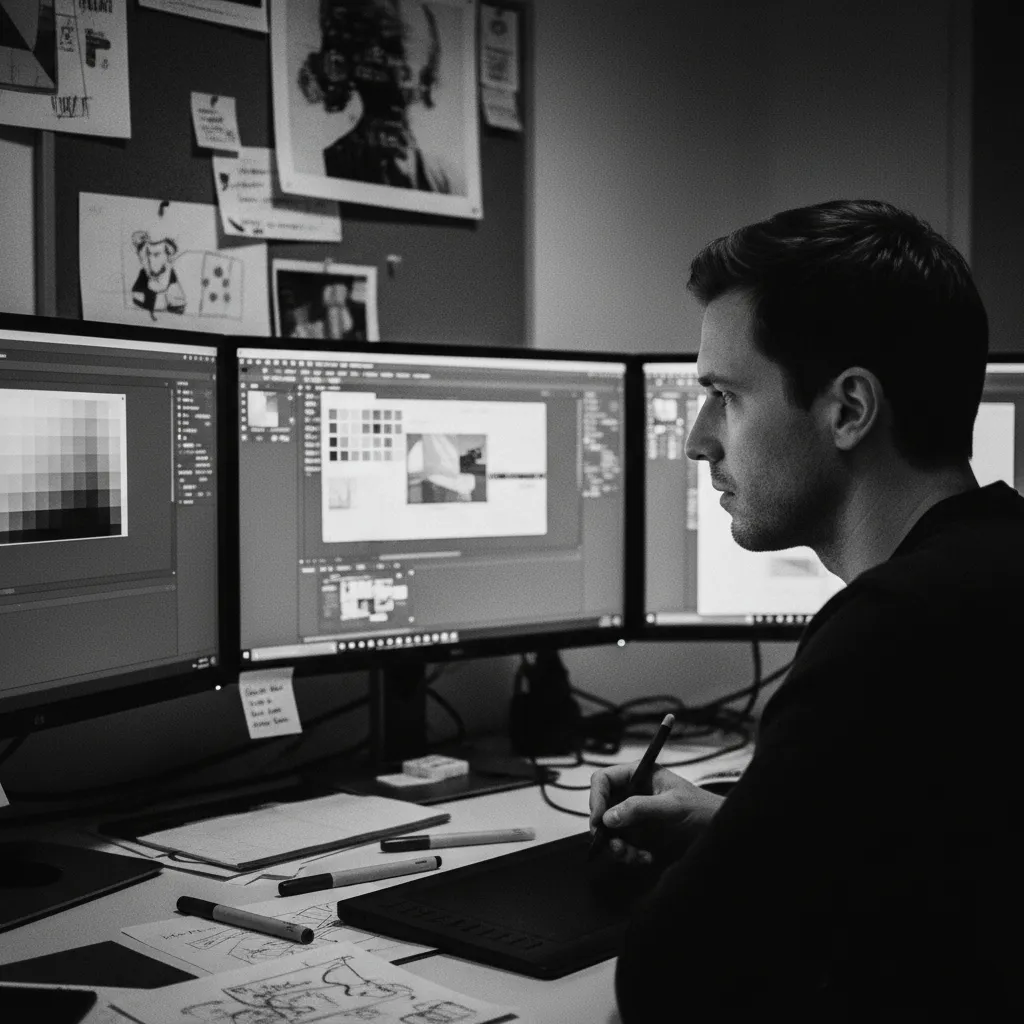 Designer working at desk with multiple monitors