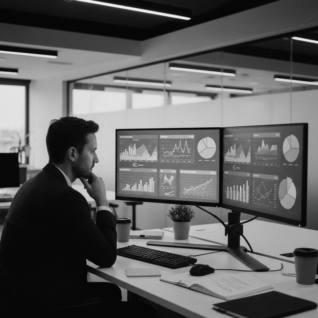 Data analyst reviewing performance metrics on screen