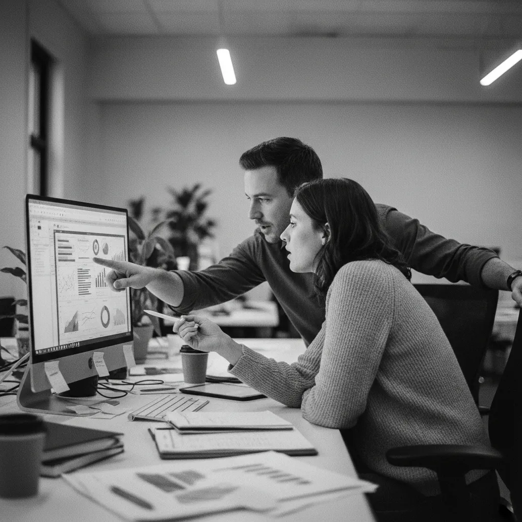 Professionals reviewing content together at shared screen