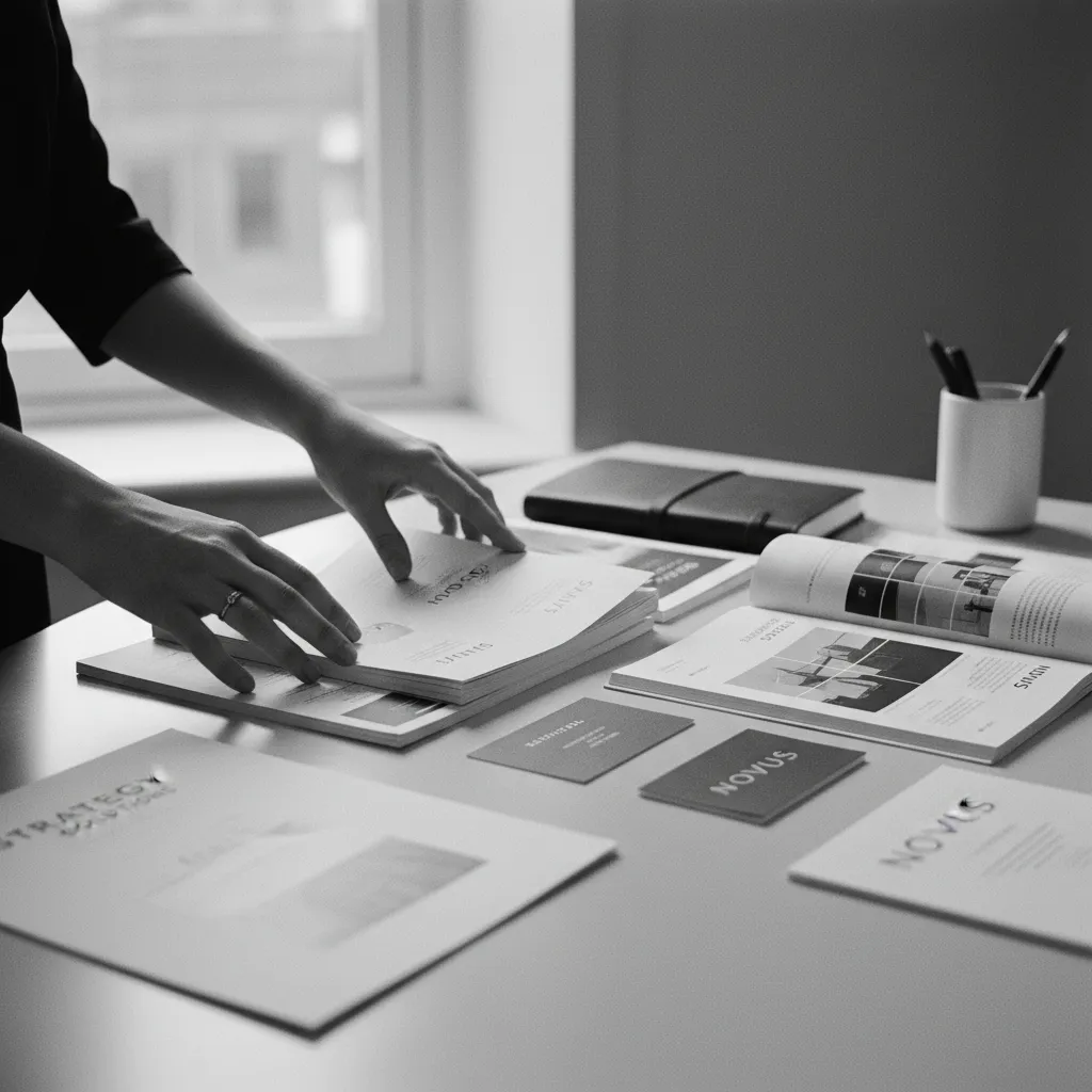 Hands arranging premium marketing materials on desk