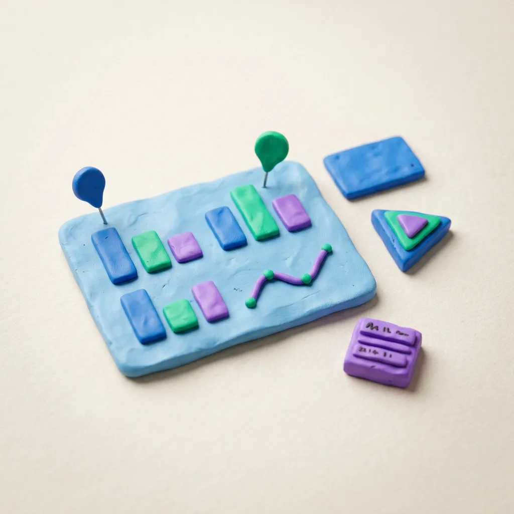 A clay SaaS dashboard card beside clay blocks representing different ad formats