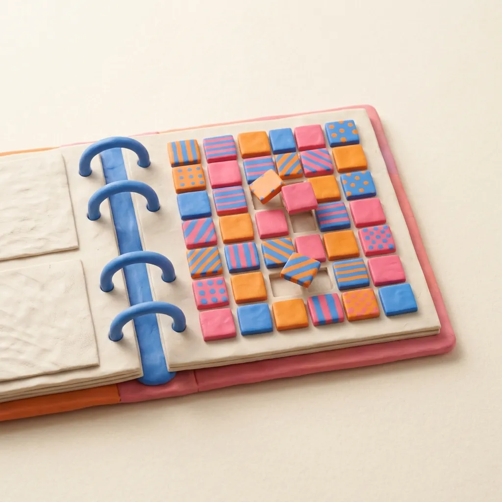 A clay binder open beside small clay tiles arranged in a repeatable grid