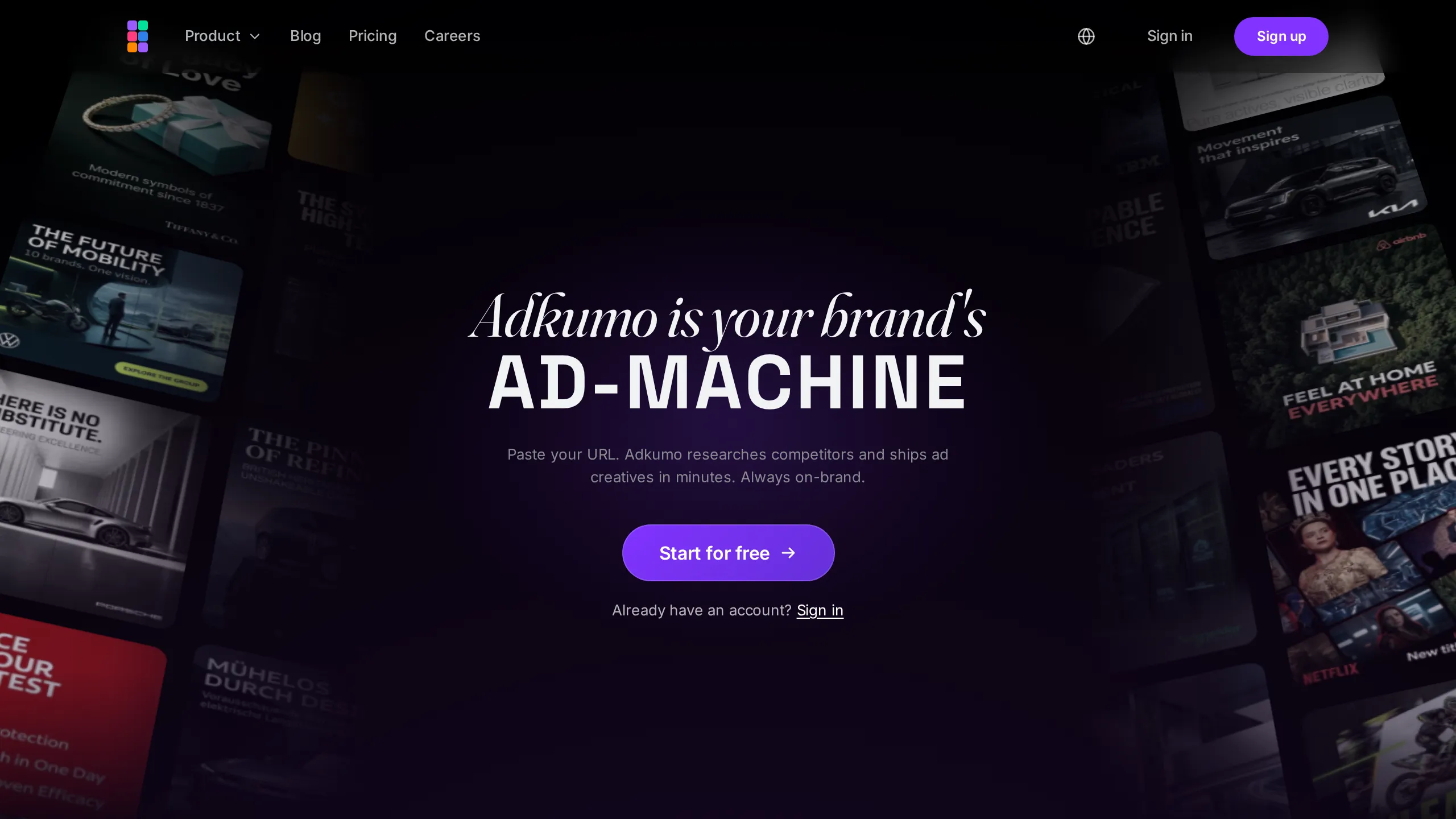 Adkumo homepage hero showing a wall of ad creatives around the ad-machine headline