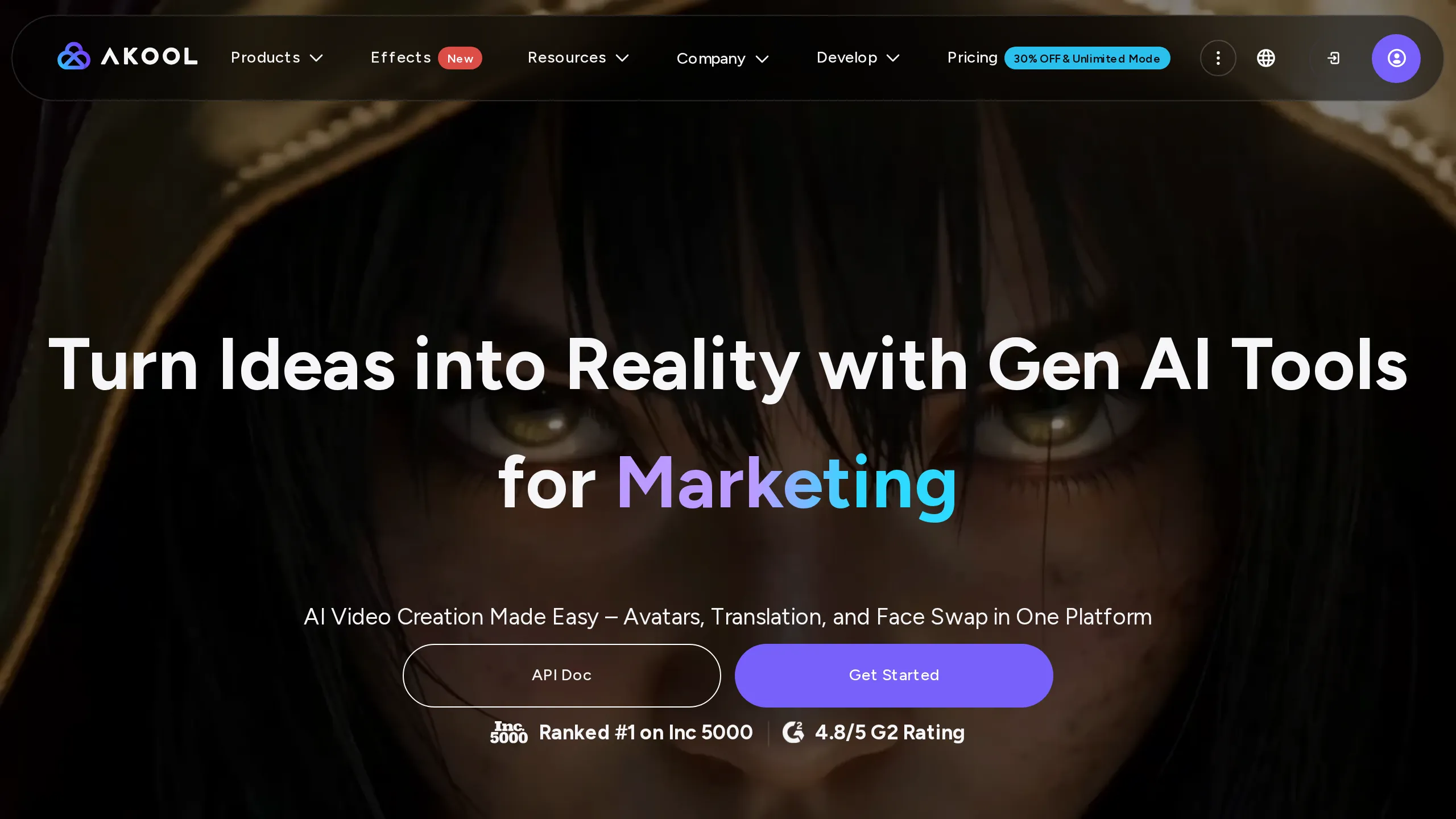 Akool homepage hero for generative AI marketing tools