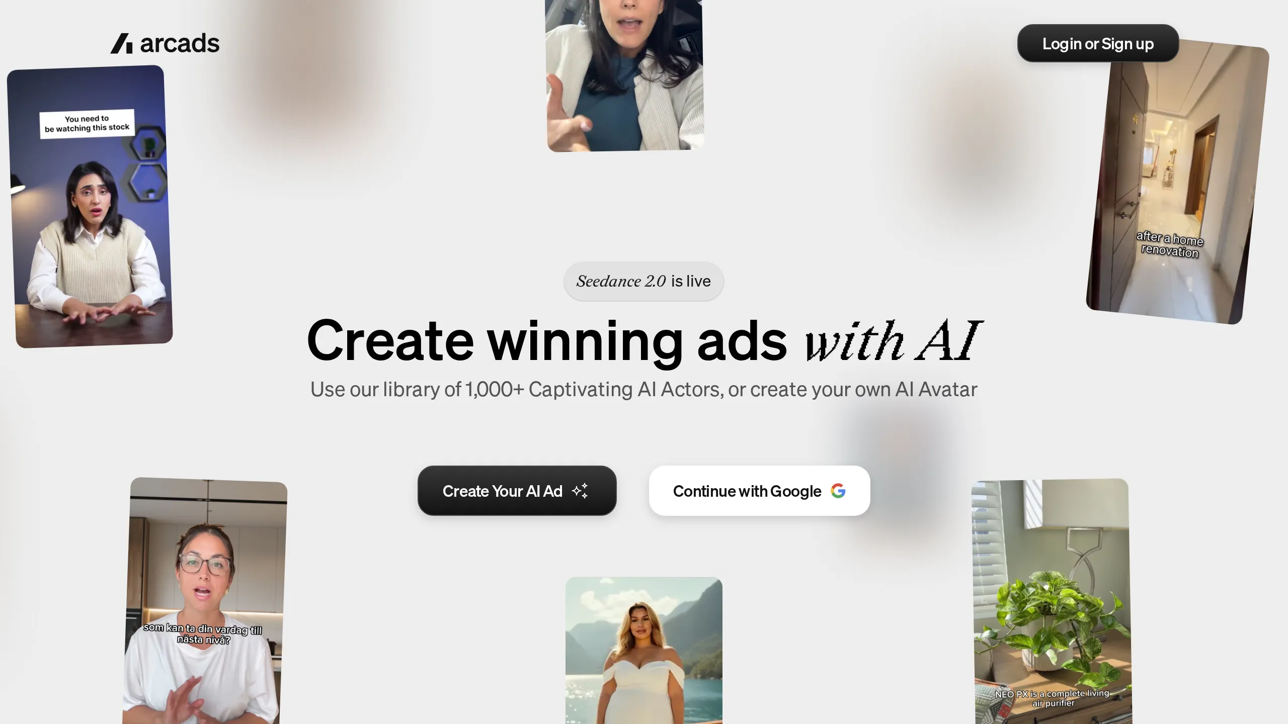 Arcads AI homepage hero with UGC-style AI actor videos around the headline