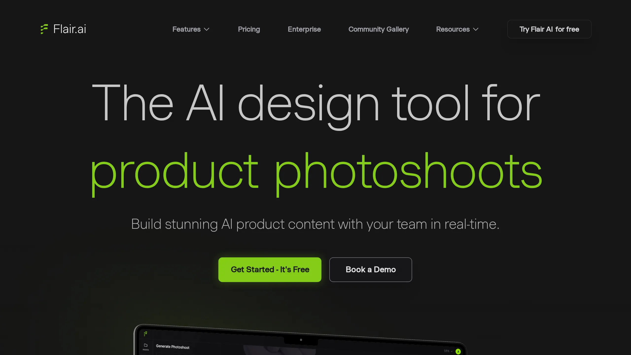 Flair.ai homepage hero for AI product photoshoots