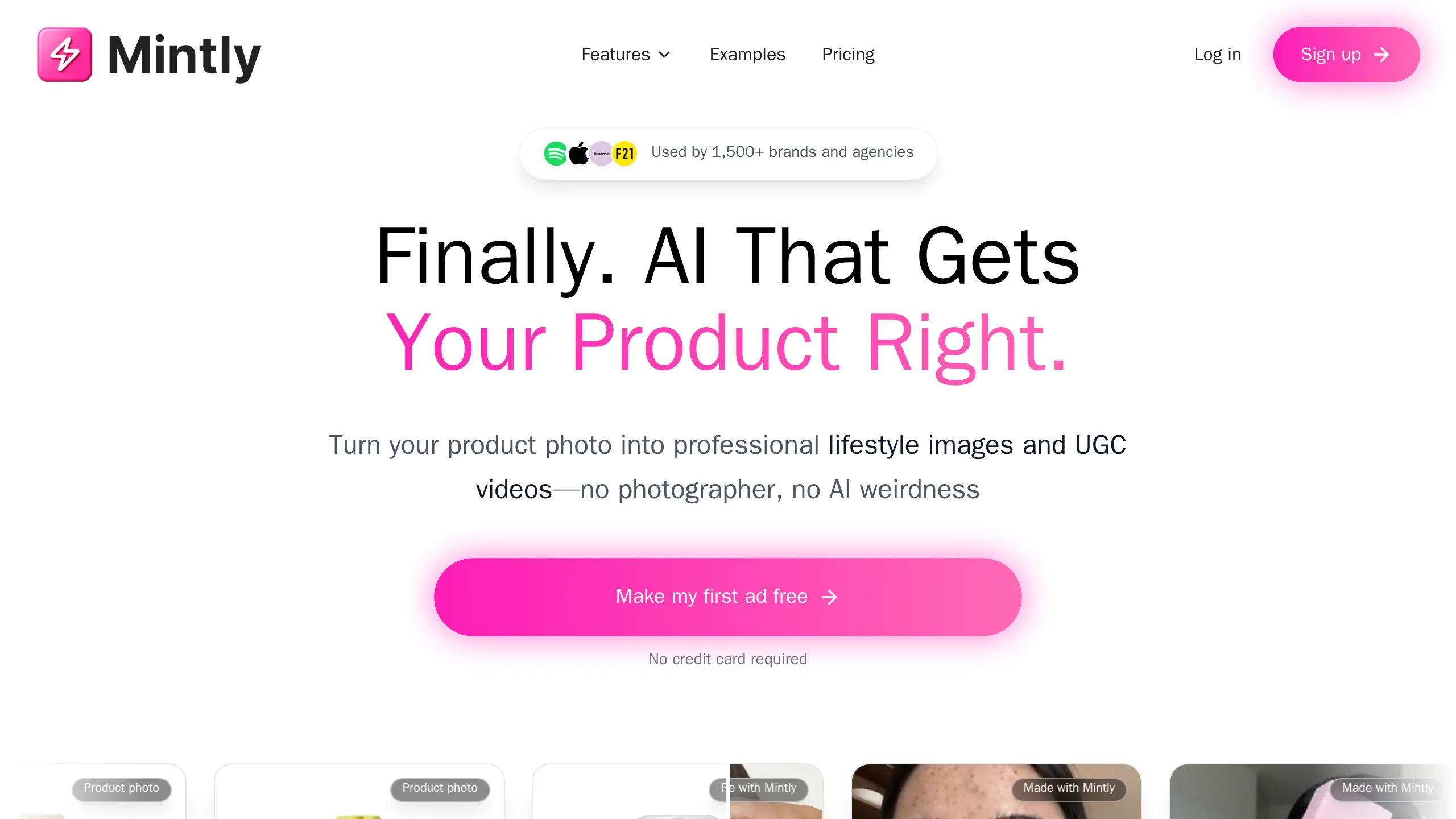 Mintly homepage hero for AI ads that get your product right