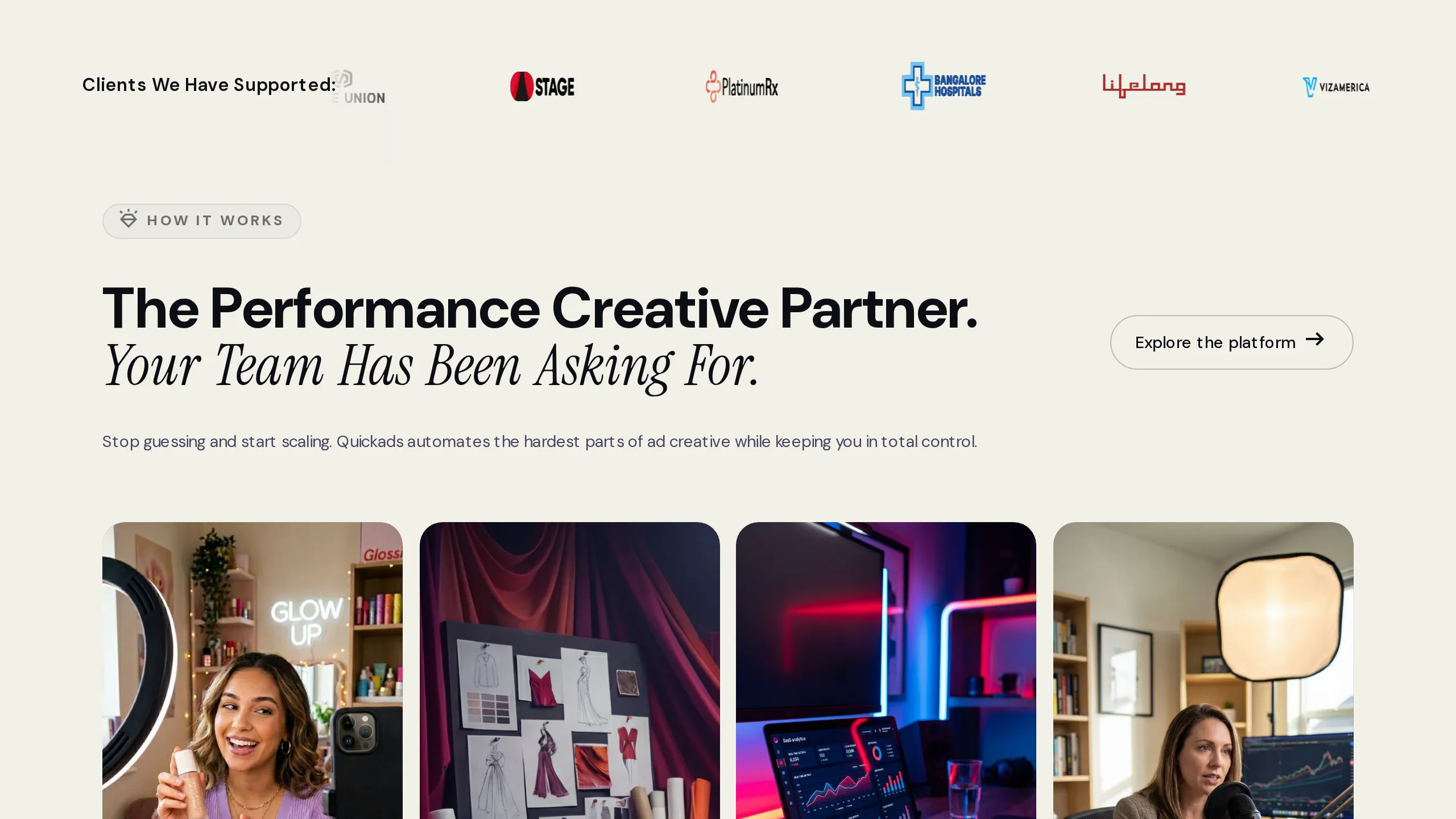 Quickads page section describing its performance creative platform