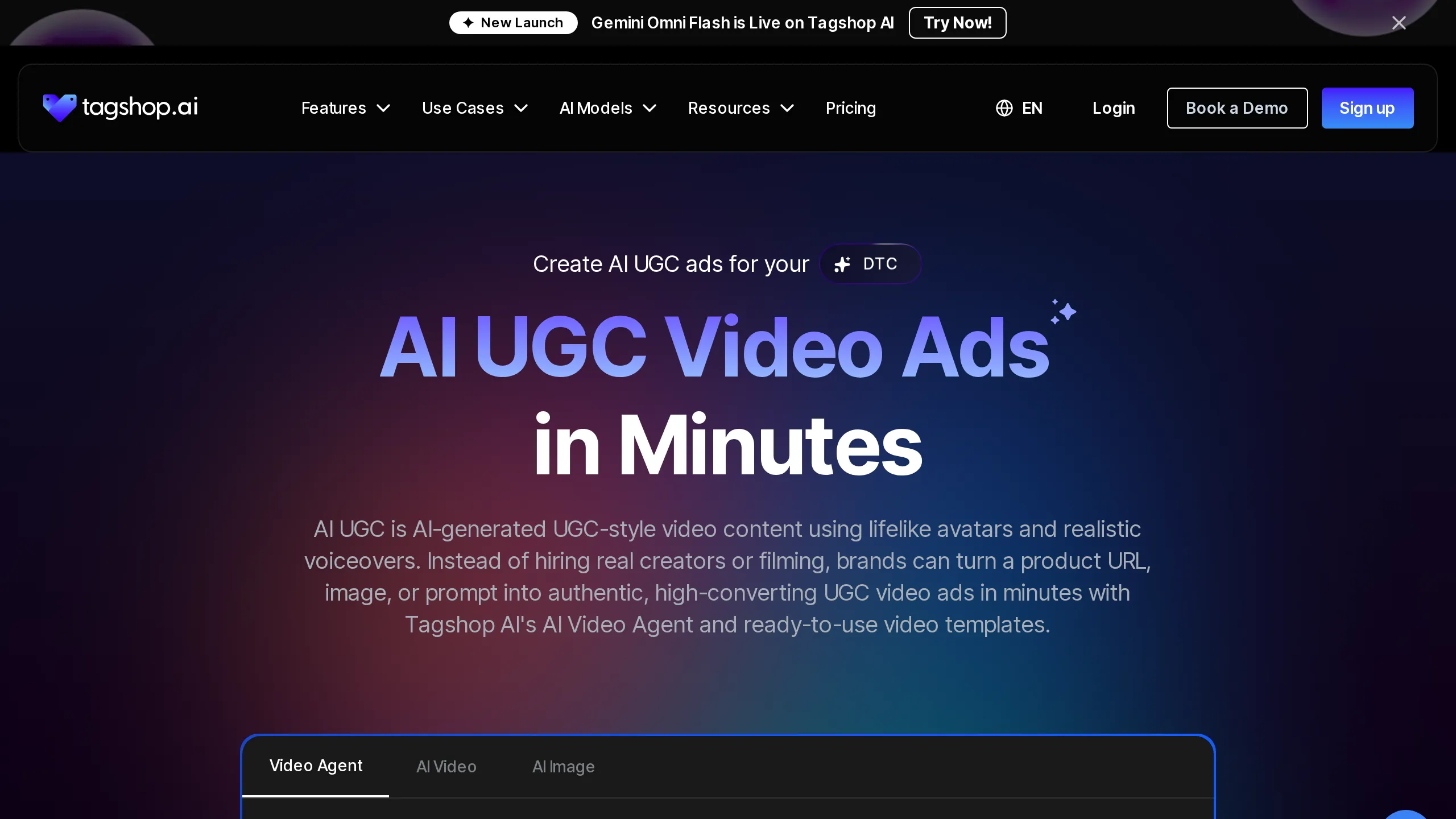 TagShop AI page hero for AI UGC video ads