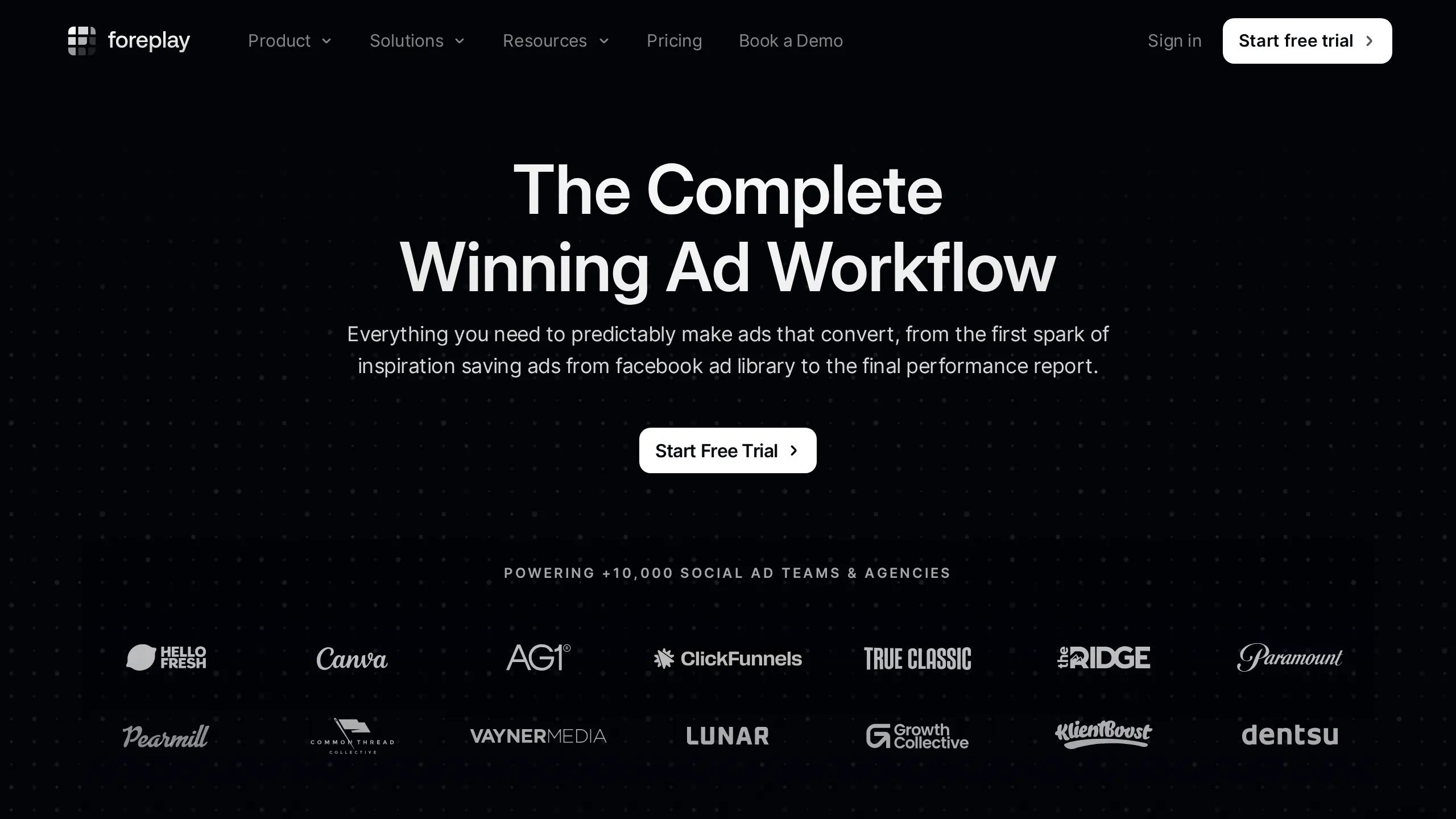 Foreplay homepage hero reading The Complete Winning Ad Workflow