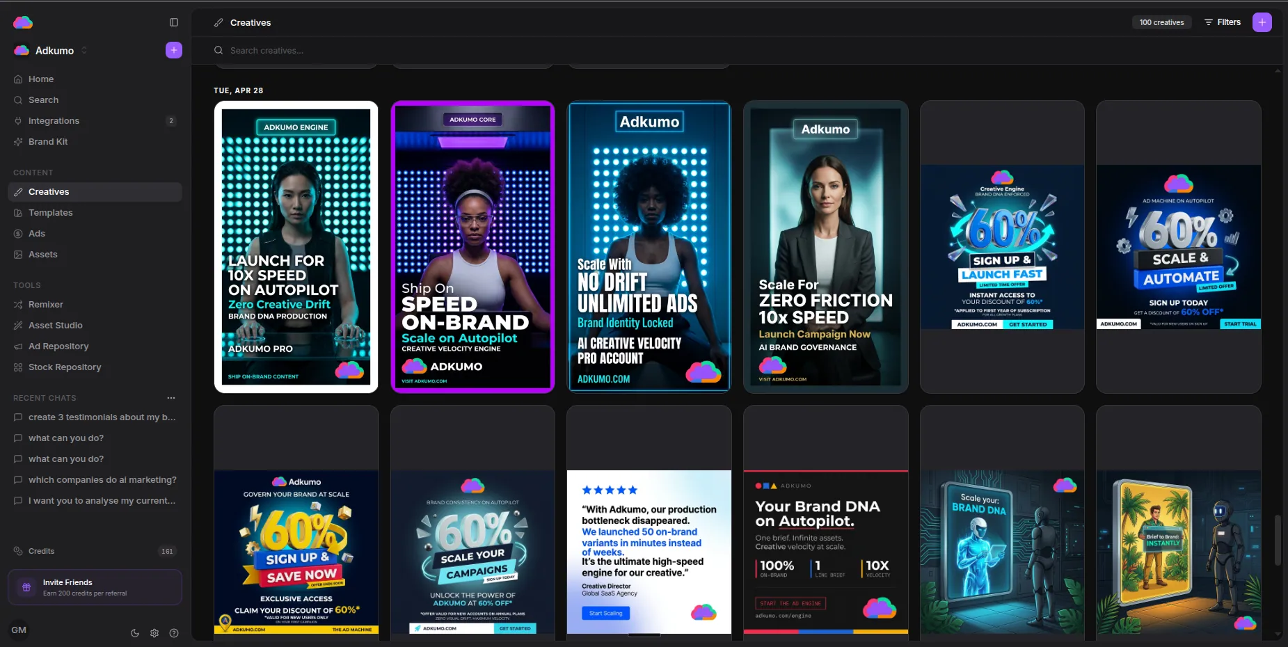 Adkumo dashboard generating brand-consistent ad creatives