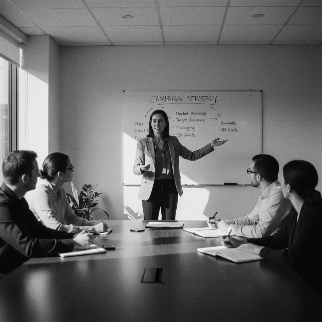 Professional presenting campaign strategy on whiteboard