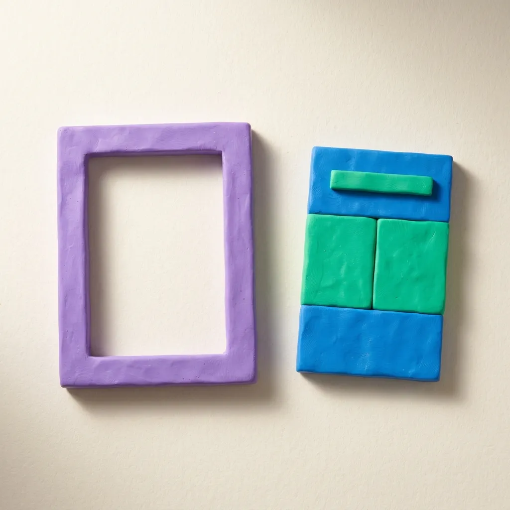 A toy-clay empty picture frame being set aside next to a vibrant pre-built clay ad card