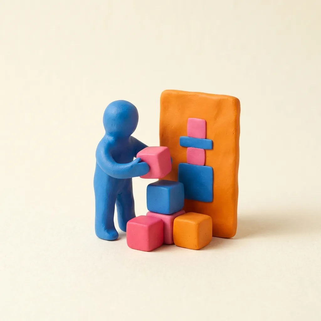 A small toy-clay figure assembling a finished clay ad card from a set of pre-made colorful blocks