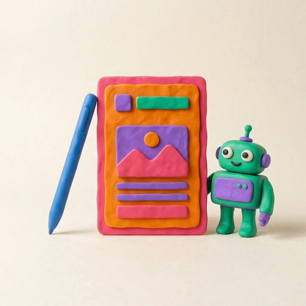 A clay designer's stylus and a small clay robot helper side by side on a tabletop, both pointing at a clay ad card