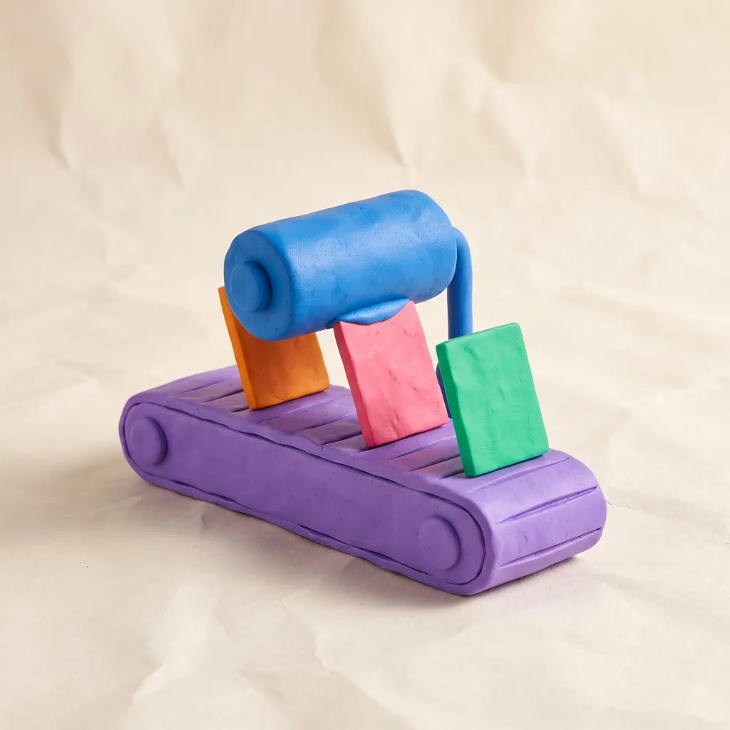 A clay conveyor belt carrying several small clay ad cards in different brand colors past a clay paint roller
