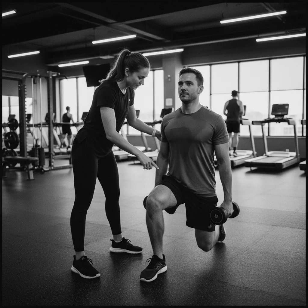 Personal trainer coaching client during workout