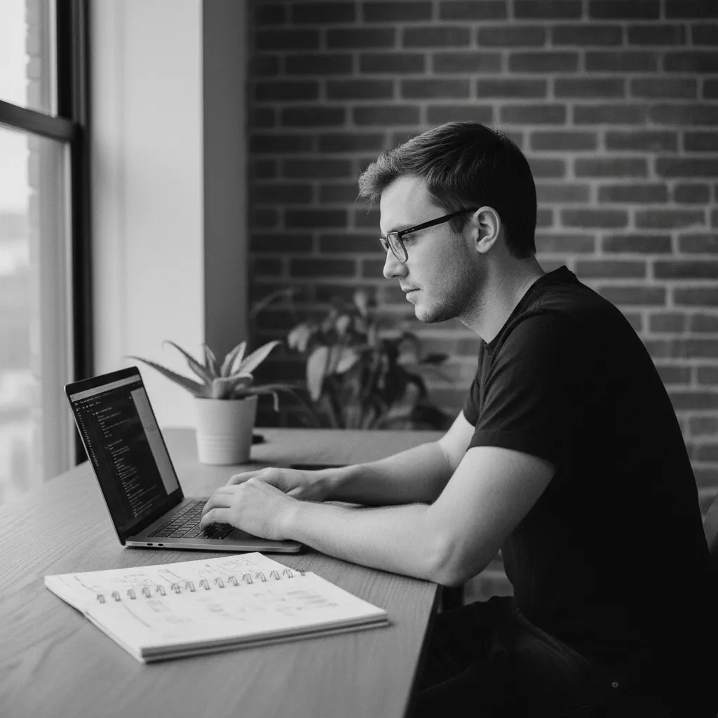 Young startup founder working at minimalist desk