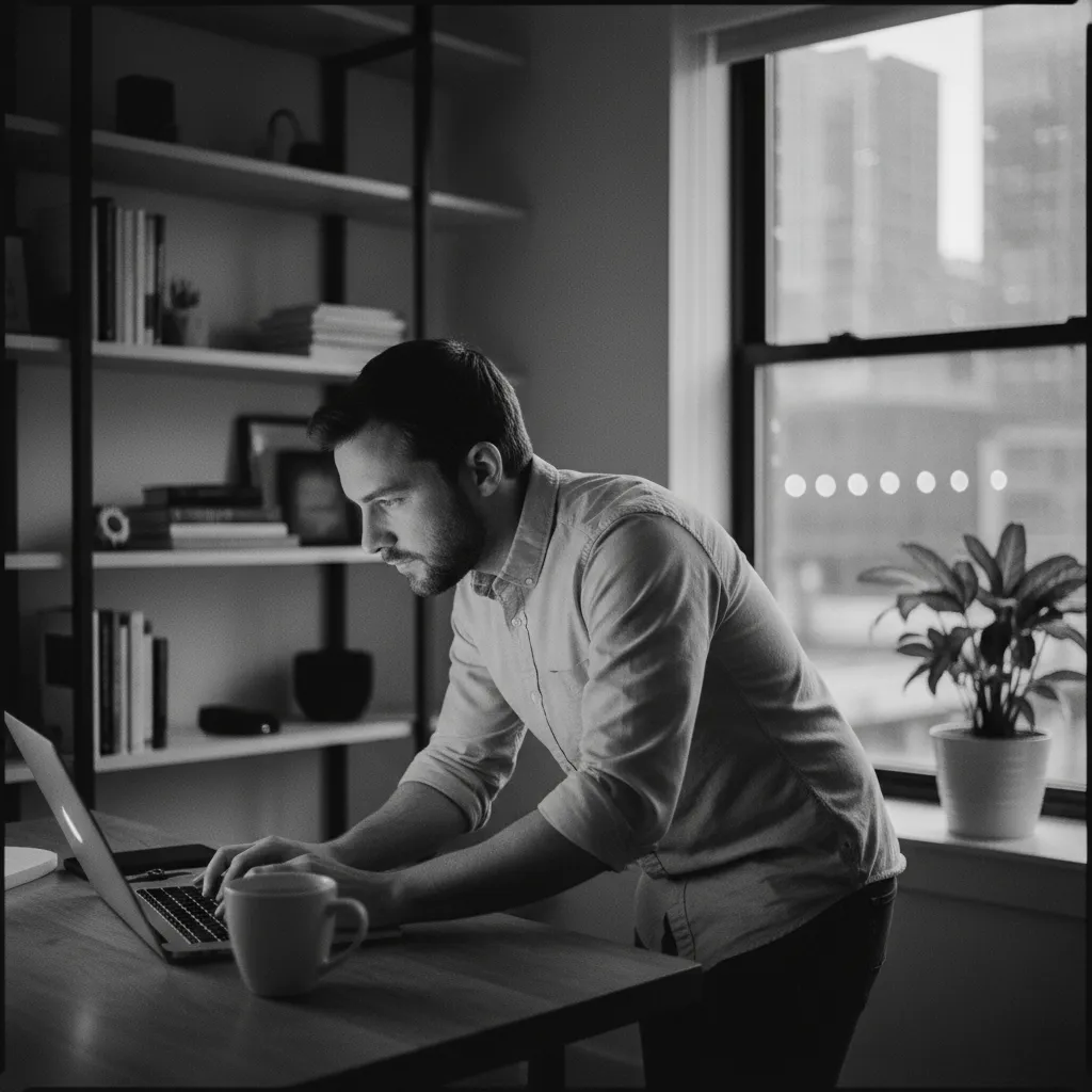 Founder working intensely at laptop