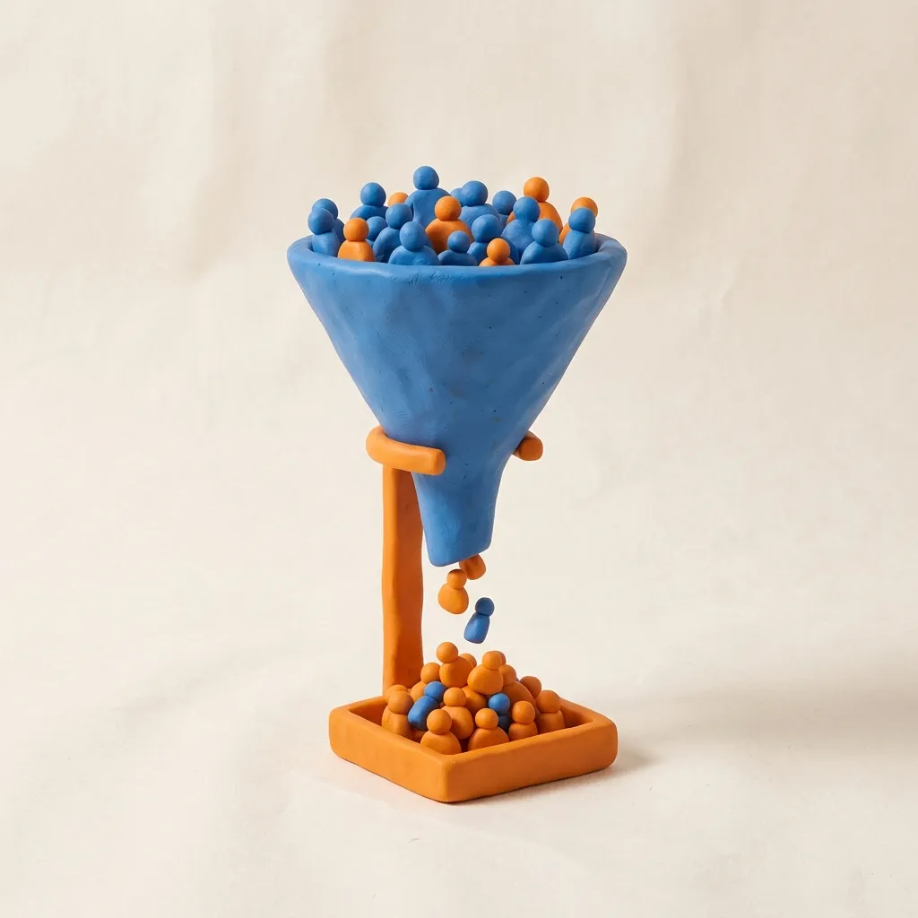 A clay funnel sculpture in blue and orange with small clay figures filtering down through it, on a cream tabletop