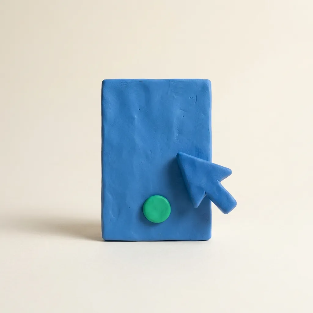 A clay single-image ad card standing upright on a cream surface, with a clay cursor about to click a small blue button