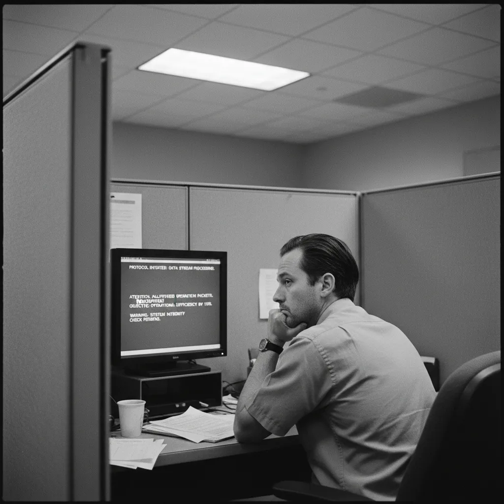 Office worker with blank expression at template document