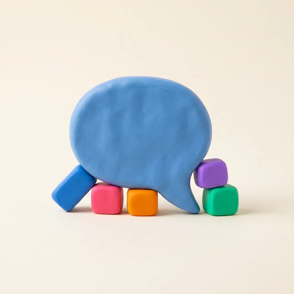 A clay speech bubble being shaped by hand from five distinct colored clay blocks, representing the five inputs of a copy brief