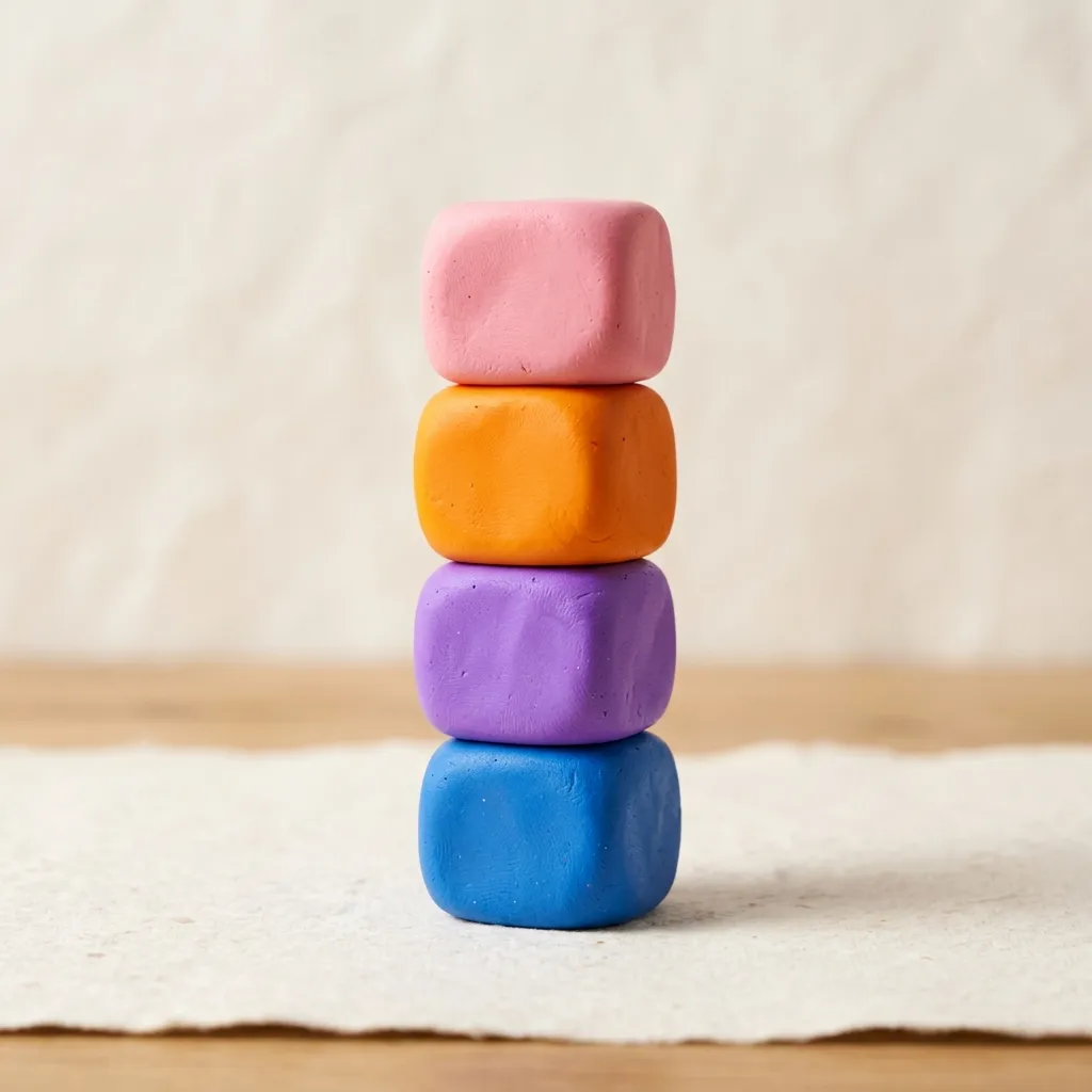 Four stacked clay blocks in brand colors forming a labeled tower from hook at the bottom to call to action at the top, representing a proven ad copy structure
