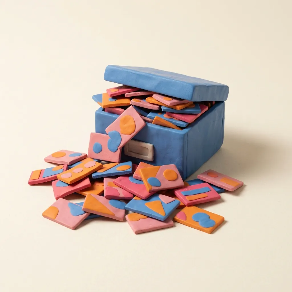 A clay file box overflowing with disorganized little clay ad cards spilling onto the table