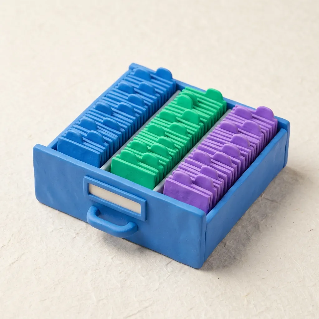 A neat clay card-catalog drawer with sorted, color-tabbed clay ad cards standing upright