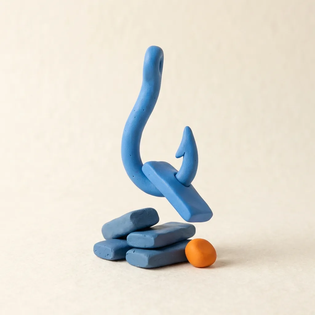 A clay fish hook lifting a single short line of clay text out of a feed