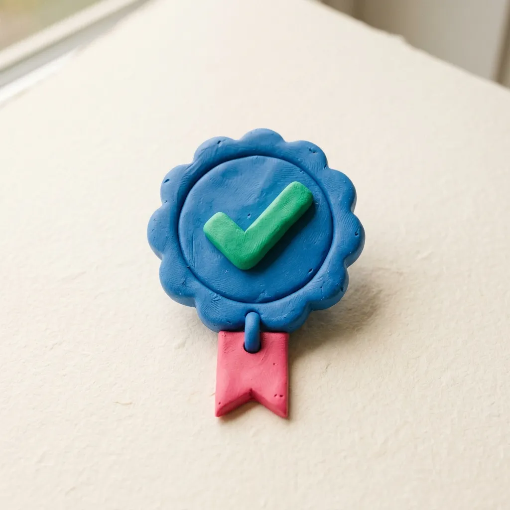 A clay verification badge with a small ribbon, sculpted in brand colors