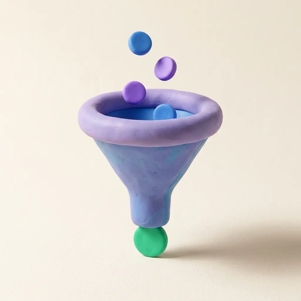 A clay funnel sculpture with colored clay coins dropping in at the wide top and a single larger coin emerging at the narrow bottom