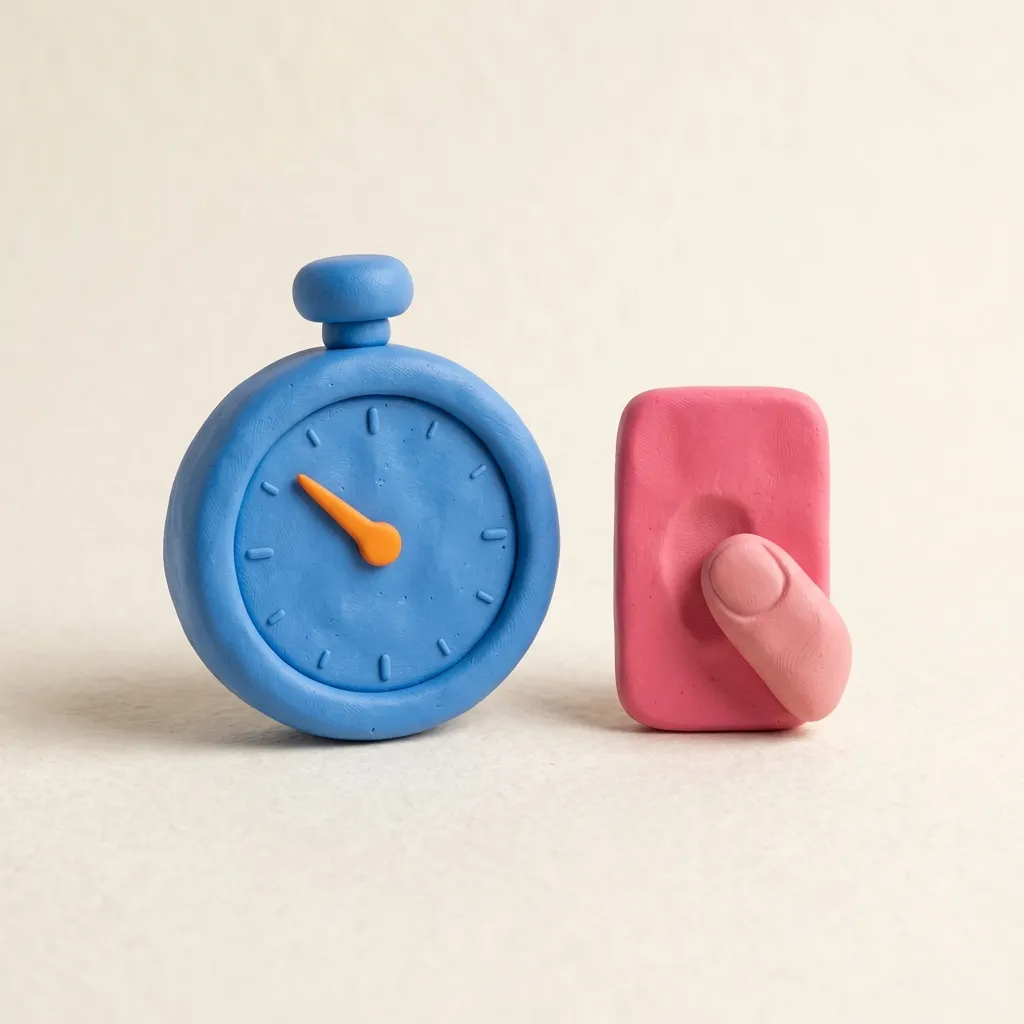 A clay stopwatch frozen near the three-second mark beside a small clay thumb pressed against a phone-shaped clay tile