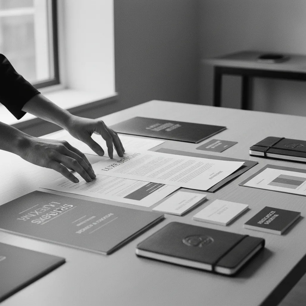 Elegant hands arranging premium marketing materials