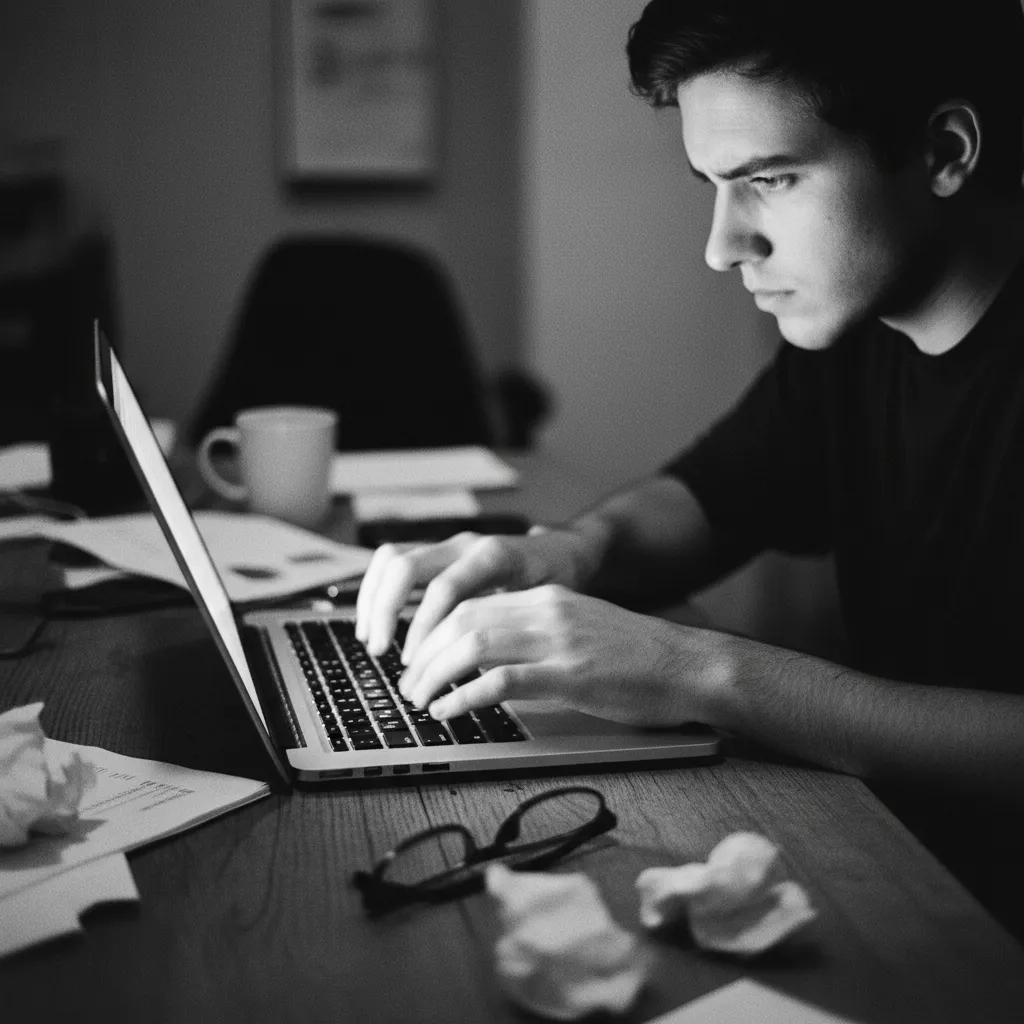 Hands typing rapidly on laptop keyboard