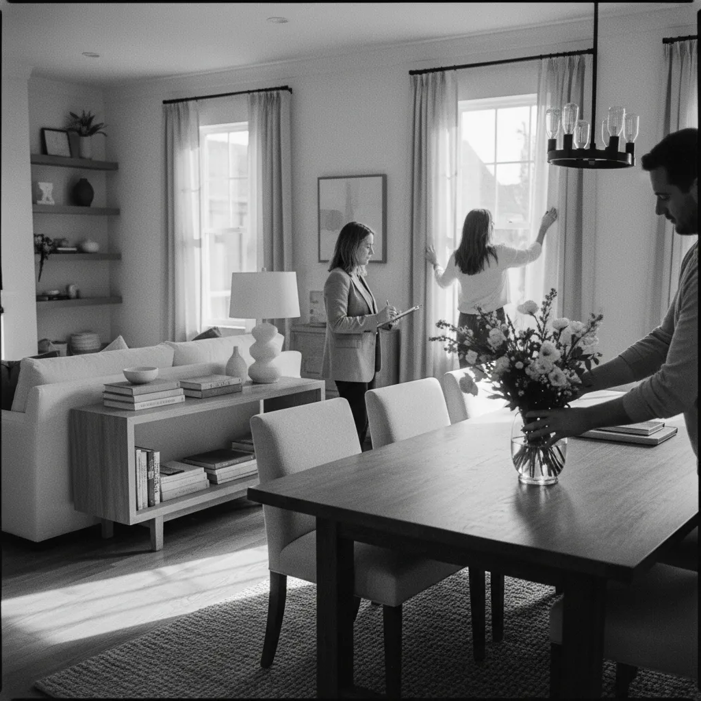 Real estate agent showing kitchen to buyers