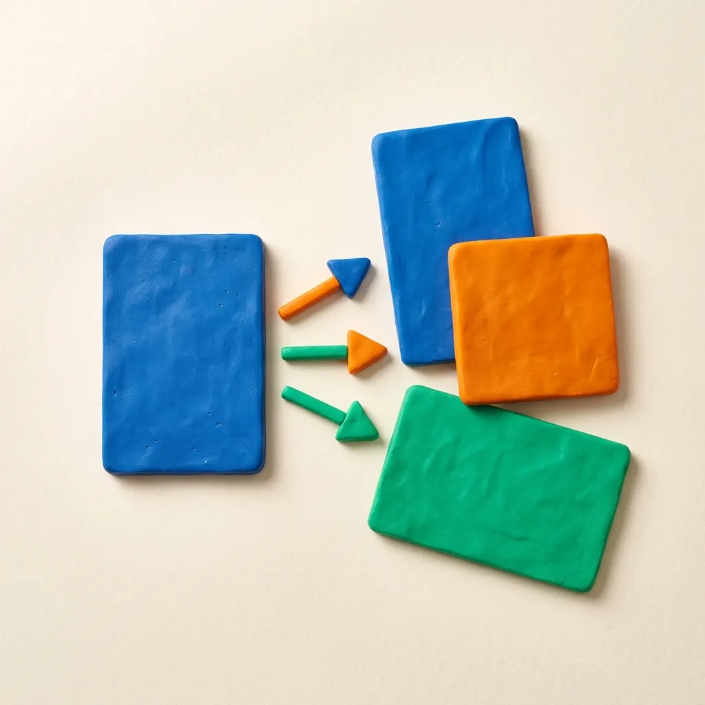 A single clay ad card on the left fanning into several reformatted clay cards of different aspect ratios on the right