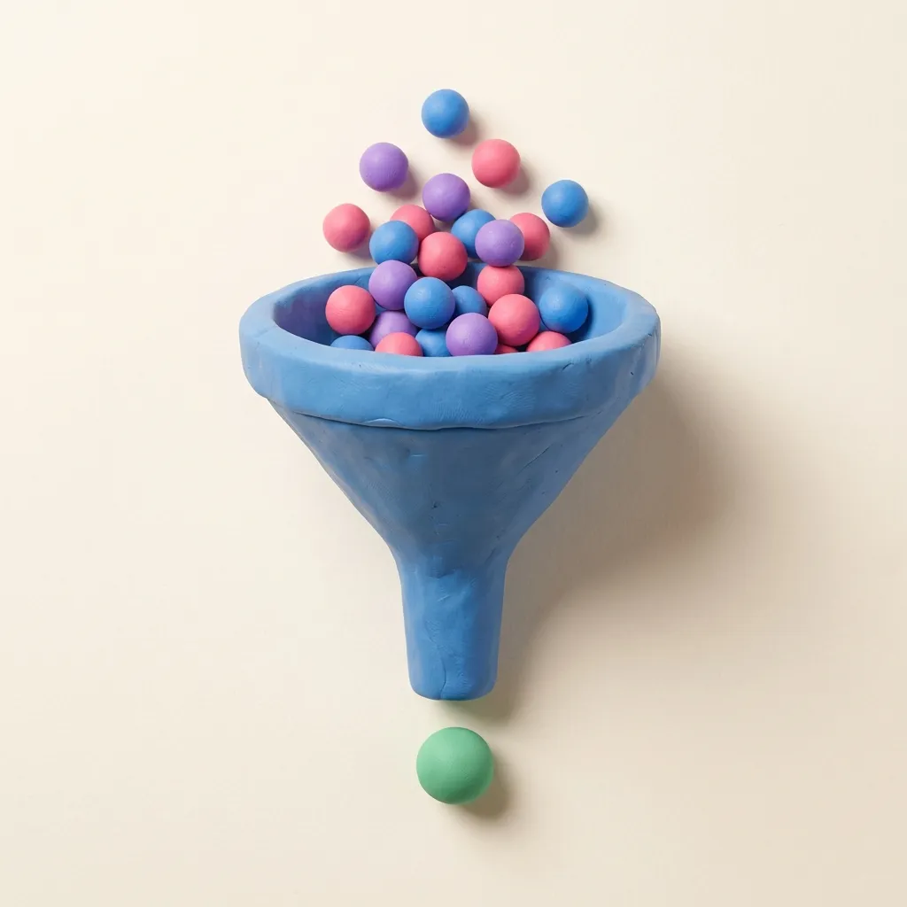 A clay funnel with many small clay idea balls dropping in and a single larger clay winner ball coming out the bottom