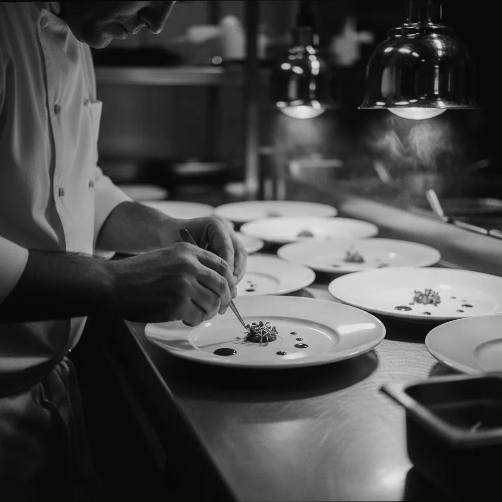 Chef plating food with precision