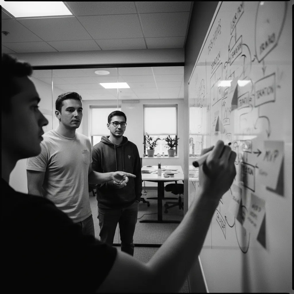 Startup team brainstorming at a whiteboard
