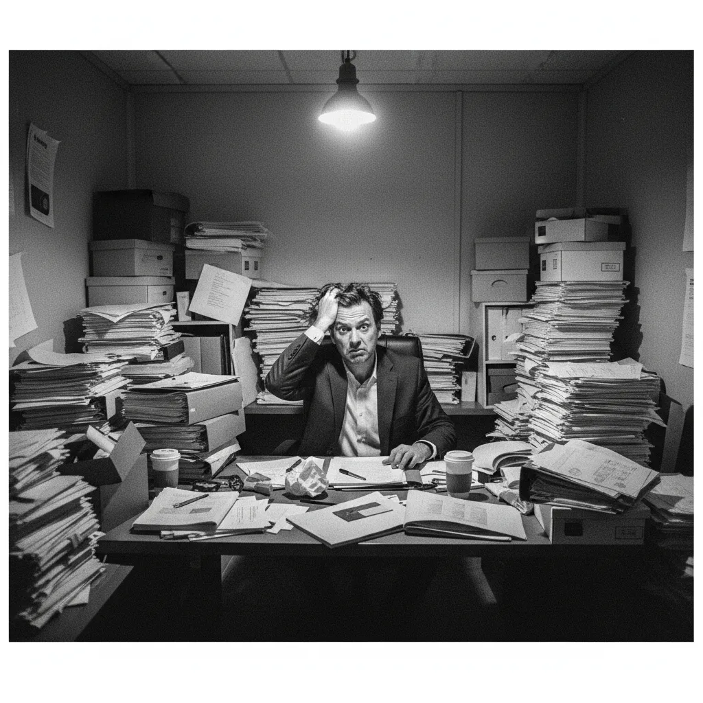 Overwhelmed professional surrounded by growing stacks of papers
