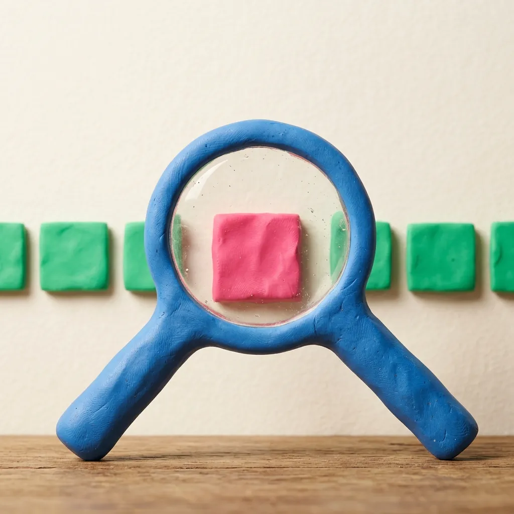 A clay magnifying glass inspecting one bright clay ad tile that stands out from a row of plain identical clay tiles